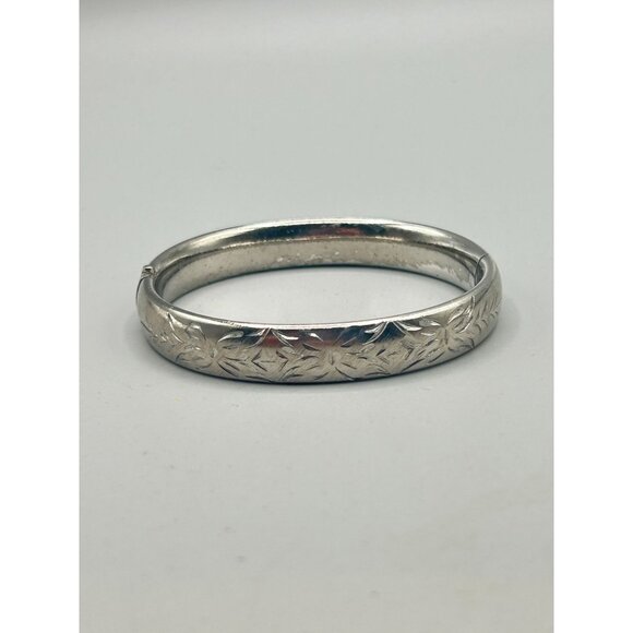 Vintage Crafmere Bracelet Sterling Silver Etched Hinged Bangle Minimalist Design - Picture 3 of 10